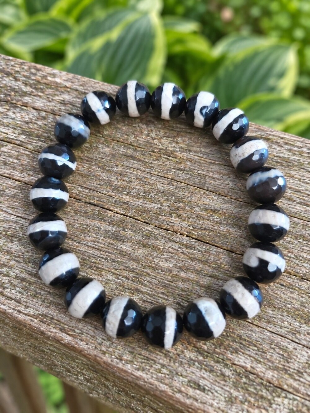 Black & White Tibetan Agate Beaded Stretch Bracelet | Handmade